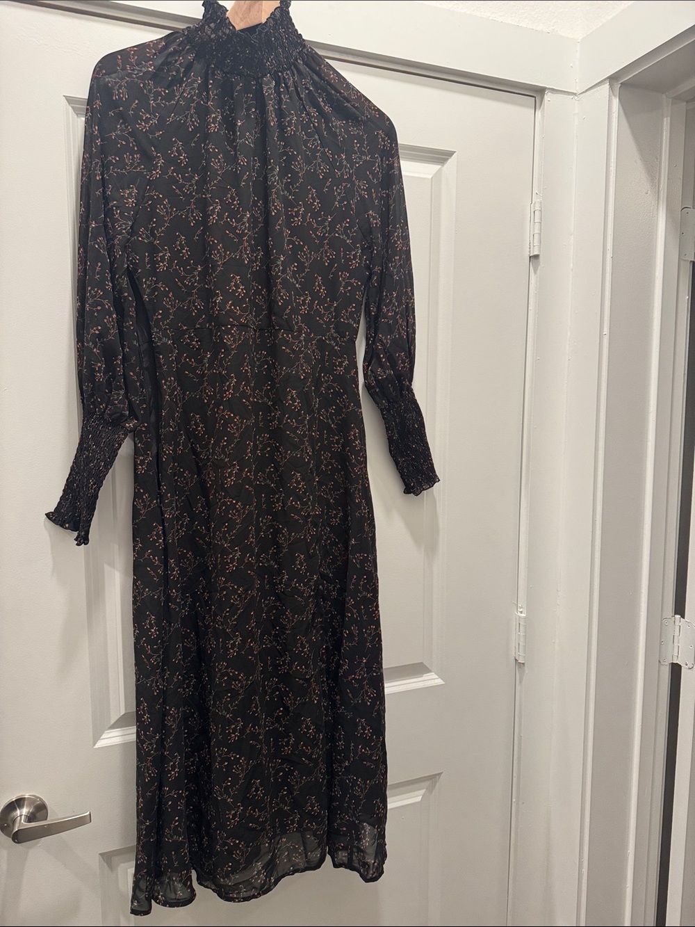 SHEIN Black Long Sleeve High-Neck Floral Midi Dress